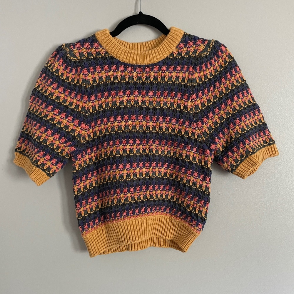 Universal Thread Sweater Womens Small Yellow Multi Color Short Sleeve Fair Isle